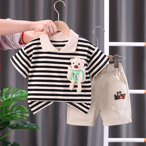 Lapel Stripe Short Sleeve Suit Pocket Doll Bear Shorts Two Piece Set