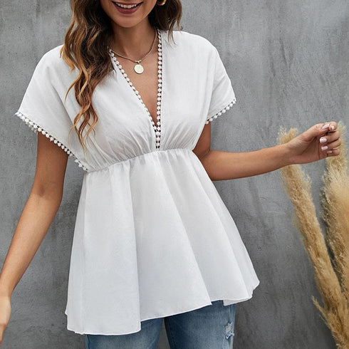 Tassel Edge Design V-neck Commuter Solid T-shirt