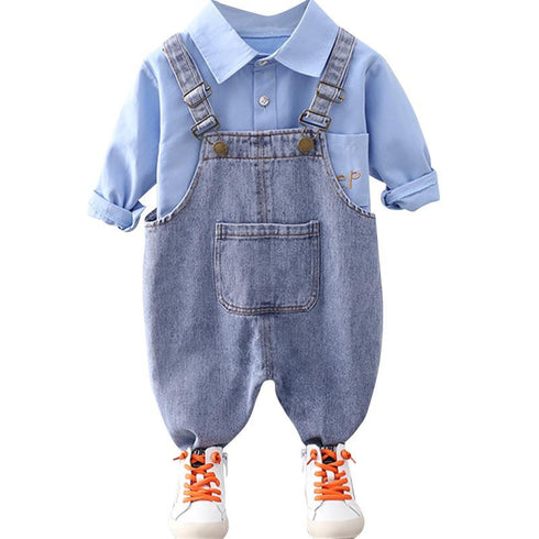 Boy's Long Sleeve Shirt Denim Straps Two-Piece Set