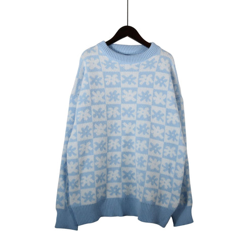 Small Plaid Crewneck Knit Sweater for Autumn and Winter