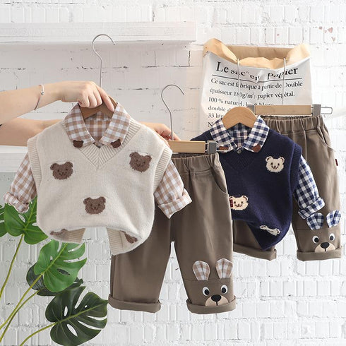 Bear Lapel Plaid Shirt Long Sleeve Suit Baby Boy Casual Sweater Vest Three Piece Set