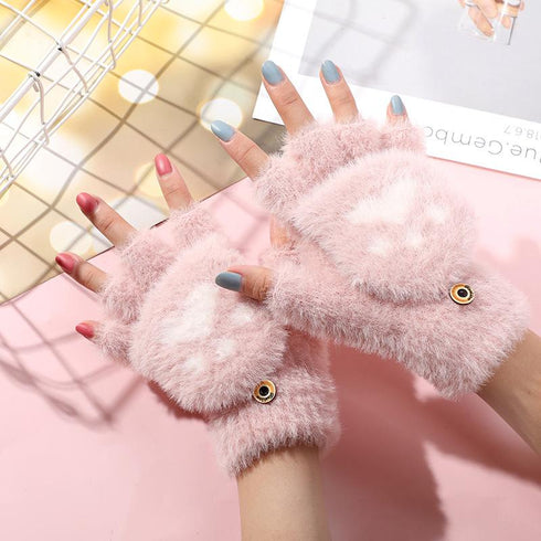 Bear's paw imitation mink cat's claw half finger flip writing warm gloves