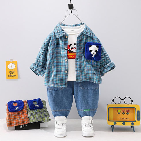 Children's Plaid Shirt Long Sleeve Set Three-Piece Set