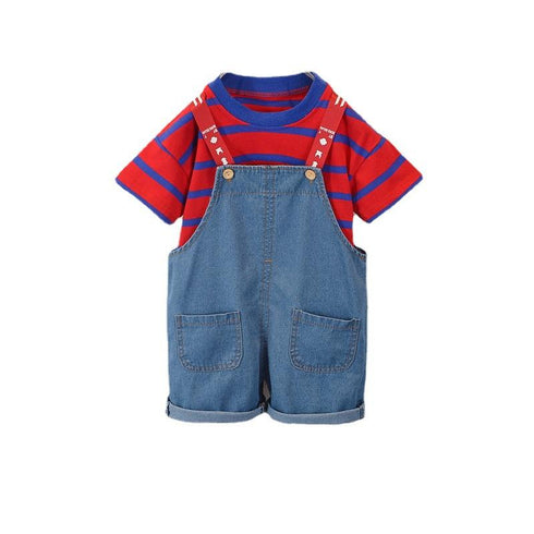 Boy's and girl's striped T-shirt short sleeve denim braces two-piece set