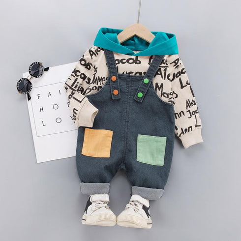 Children's Spring and Autumn Hoodie Denim Strap Pants Two-Piece Set