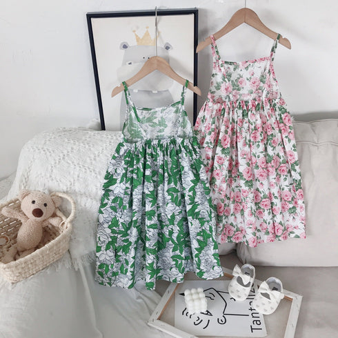 Girls Condole Belt Dress 2022 Summer New Wear Small Clear Sweet Floral Skirt