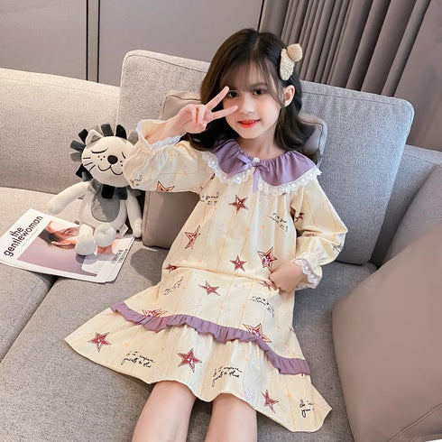 Spring And Autumn Girls Five-pointed Star Long Sleeve Sleeping Skirt
