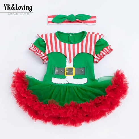 Christmas baby short sleeve mesh khail dress hat jumpsuit set