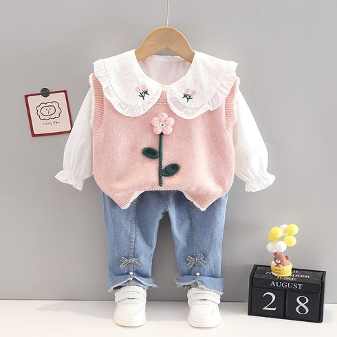 Girls Spring and Autumn Long Sleeve Three-Piece Set