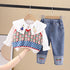 Spring and Autumn Shirt Long Sleeve Girls Knitted Sweater Vest Jeans Three-Piece Set