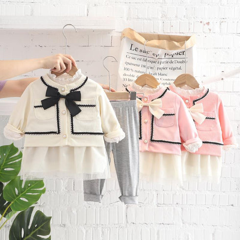 Casual Small Fragrance Long Sleeve Suit, Baby Girl's Splicing Long Skirt And Bottoms, Three Piece Set