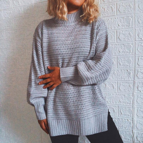 Fall winter loose half-height collar long sleeve pullover sweater women's split knit top