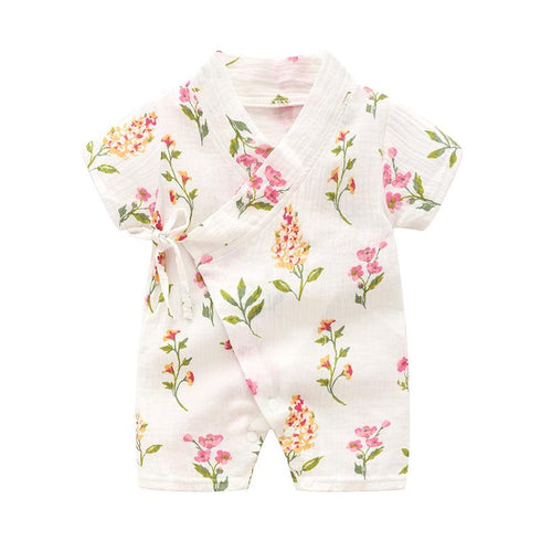 Summer short sleeve kimono baby breathable crepe print jumpsuit