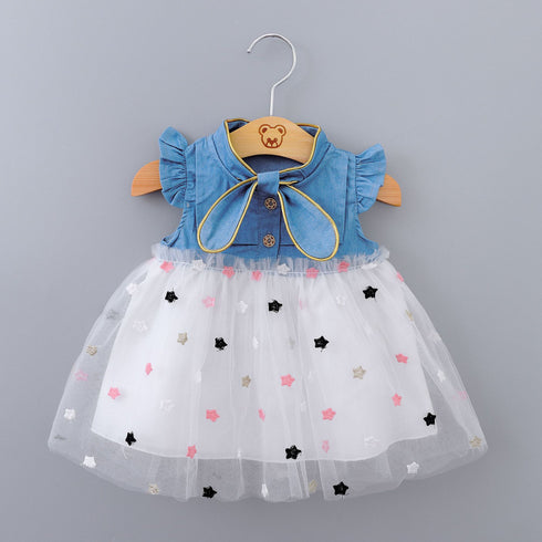 Summer New Baby Girl Stitching Dress Fly Sleeve Five-pointed Star Mesh Dress Cute Sweet
