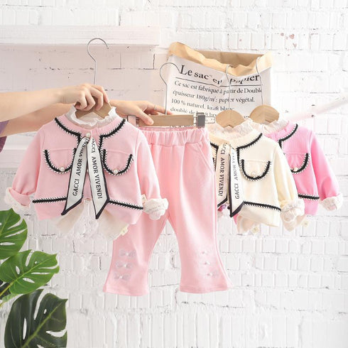 Silk Ribbon Small Fragrance Long Sleeve Set Baby Girl Casual Solid Color Pants Three Piece Set