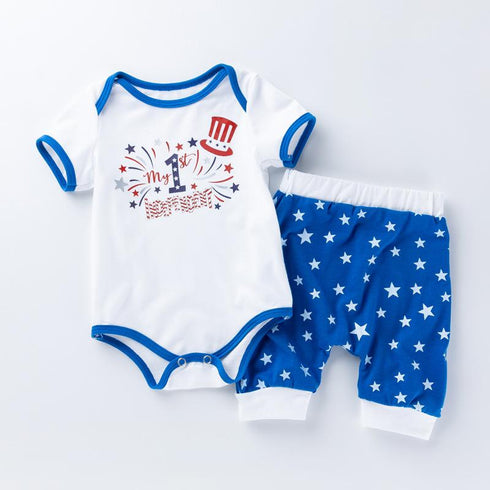 Holiday Style Independence Day Printed Short Sleeved Khaki Star Harun Pants Set