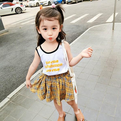 Girls Summer Letter Vest Plaid Skirt Set
