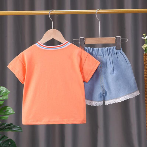 Girl's Short-Sleeve Denim Shorts Set Two-Piece Set