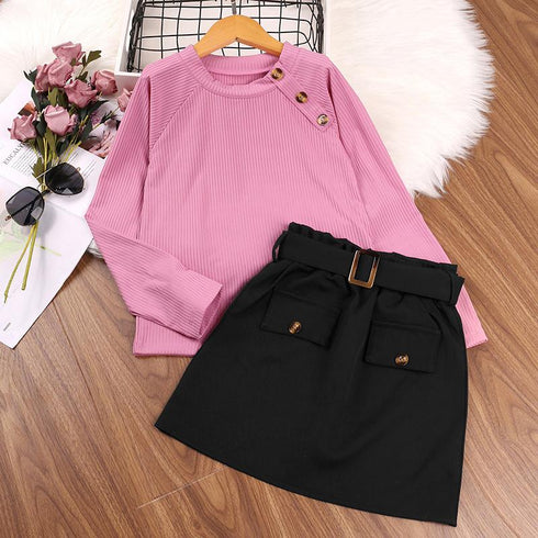 Spring and Autumn Girls Knitted Long Sleeve Skirt Two-Piece Set