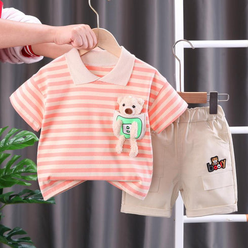 Lapel Stripe Short Sleeve Suit Pocket Doll Bear Shorts Two Piece Set