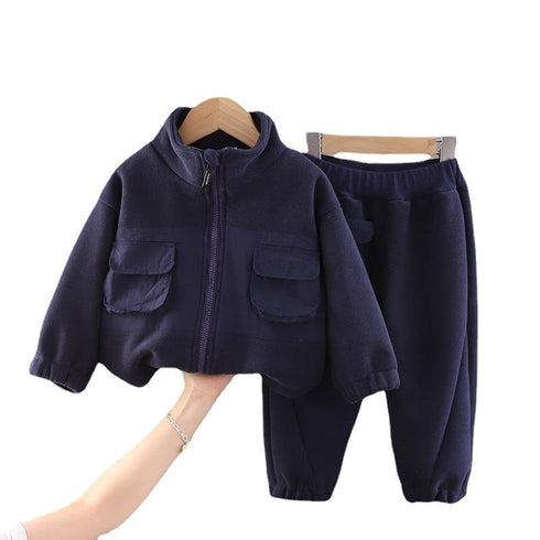 Autumn and winter boys plus velvet sports long sleeve suit two-piece set
