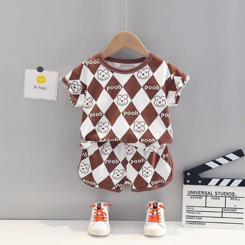 Plaid Cartoon T-shirt Two Piece Set Short Sleeved Shorts Set