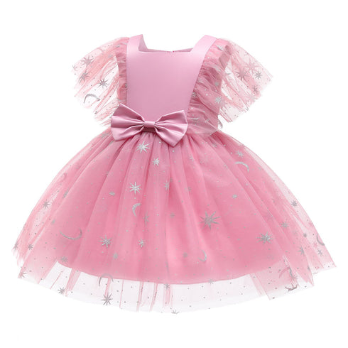 Girl's Star Stamped Dress Princess Dress Mesh Canopy Dress Children's Dress