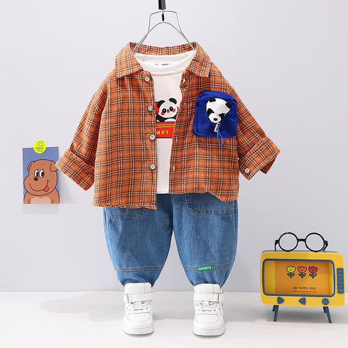 Children's Plaid Shirt Long Sleeve Set Three-Piece Set