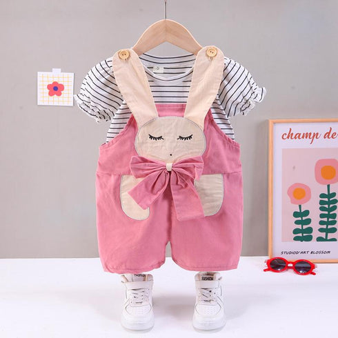 Casual Suspenders Two Piece Round Neck Striped Short Sleeve Suit