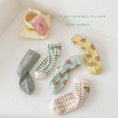 Embroidered letters baby bear socks color matching socks (three pairs)