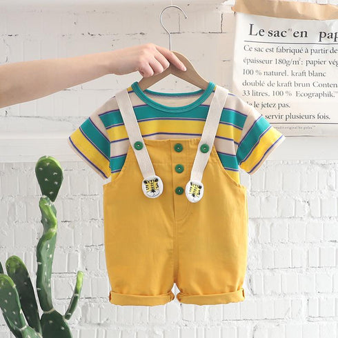 Children's Short Sleeved T-shirt Set Striped Webbing Suspenders Two-piece Set