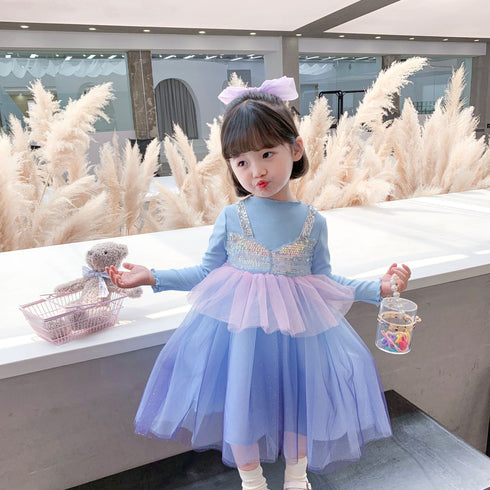 Girls Spring And Autumn Long Sleeve Gradient Rainbow Princess Dress