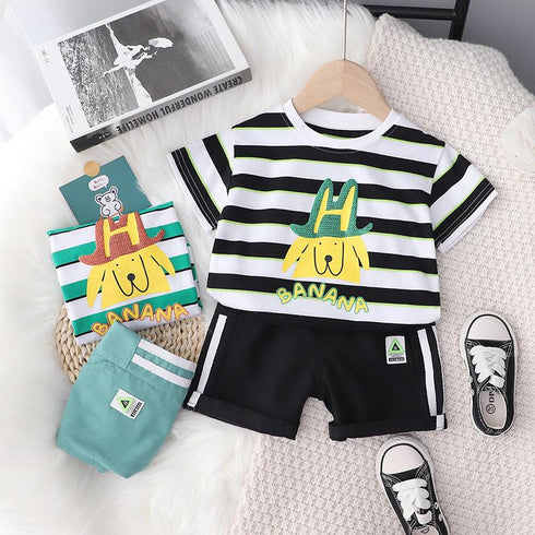 Round Neck Striped Short Sleeve Suit Sports Shorts Two-piece Set