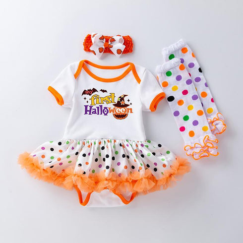 Halloween Baby Dress Printed Net Sand Dress, Exotic Cute Short Sleeved Dress And Socks Set