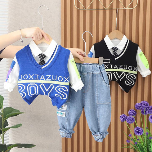 Spring and autumn boys casual tie sweater waistcoat set of three