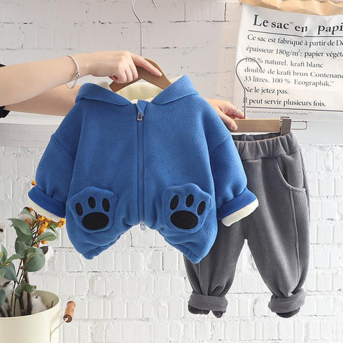 Autumn and winter boys plus velvet hooded suit two-piece set