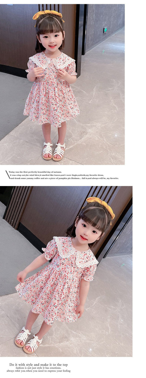 Girls Dress Summer 2022 New Girls Lace Lapel Small Floral Dress