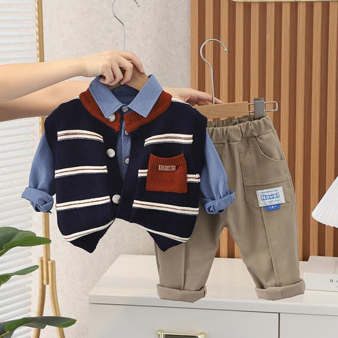 Spring and Autumn Boys Casual Sweater Vest Three-Piece Set