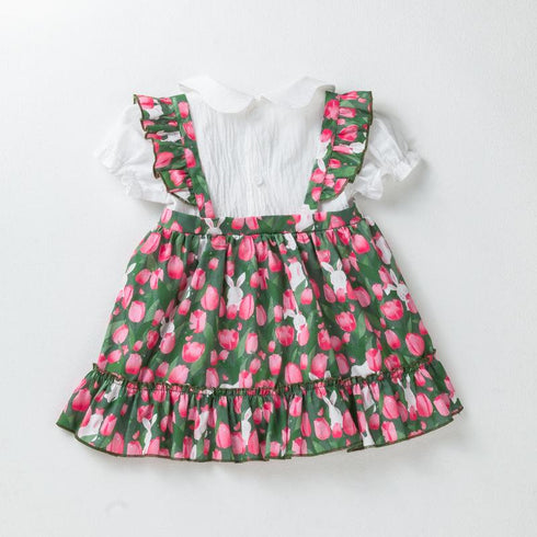 Cute Color Matching Long Skirt Short Sleeve Fake Two Shirt Skirt