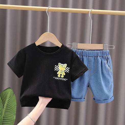 Cartoon Print T With Short Sleeved Denim Shorts Two Piece Set