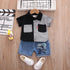Children's Striped Patch Pocket Shirt Shorts Two-piece Set