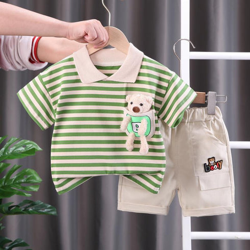 Lapel Stripe Short Sleeve Suit Pocket Doll Bear Shorts Two Piece Set