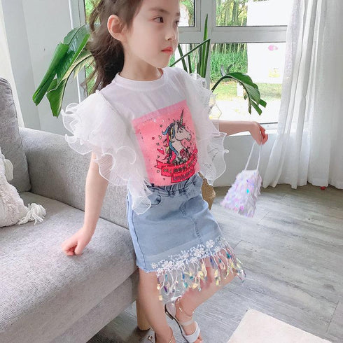 Girl's Summer Unicorn Top Tassel Denim Dress Set