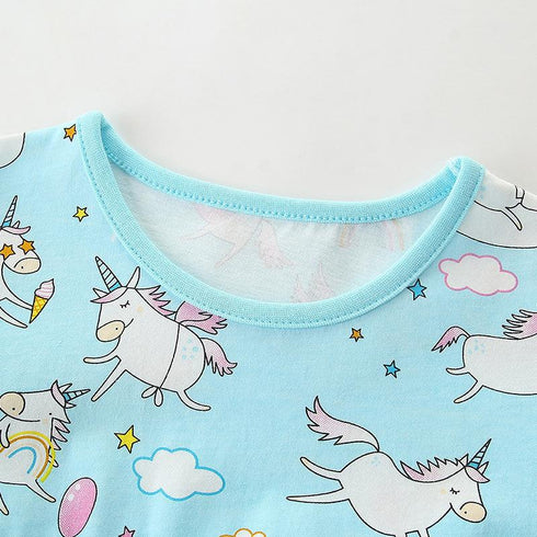 Summer New Girl Dress Knitted Cotton Princess Dress Cartoon Print Cute Short Sleeve Children's Dress
