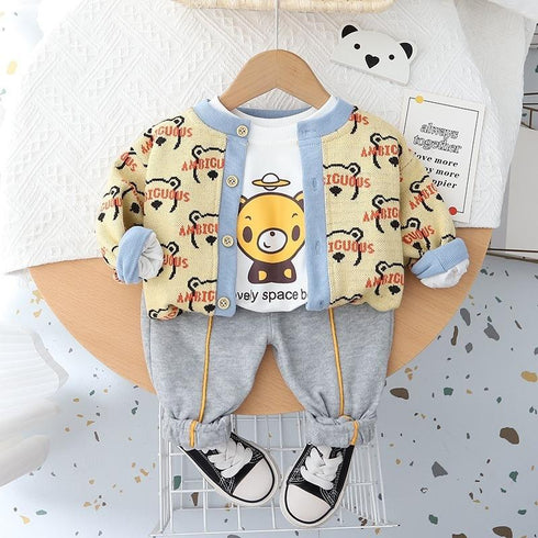 Spring and Autumn Boys Cardigan Three-Piece Set