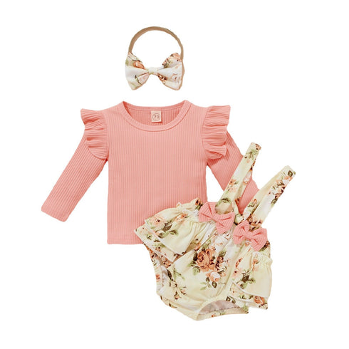 Cotton Pit Strip Long Sleeve Top + Suspender Skirt Set