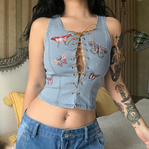 Butterfly Embroidery Denim Bandage Vest Round Neck Blouse