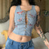 Butterfly Embroidery Denim Bandage Vest Round Neck Blouse