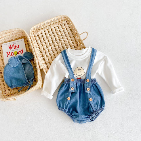 Baby Denim Suspender Pants + Long Sleeved T-shirt + Hat 3-Piece Suit