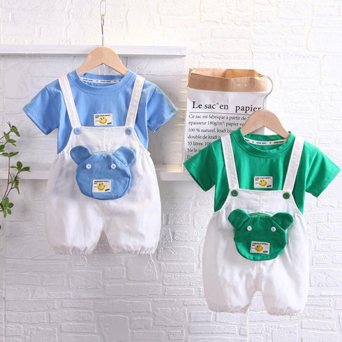 Casual Suspenders Two Piece Suit With Bag Round Neck Short Sleeve Suit